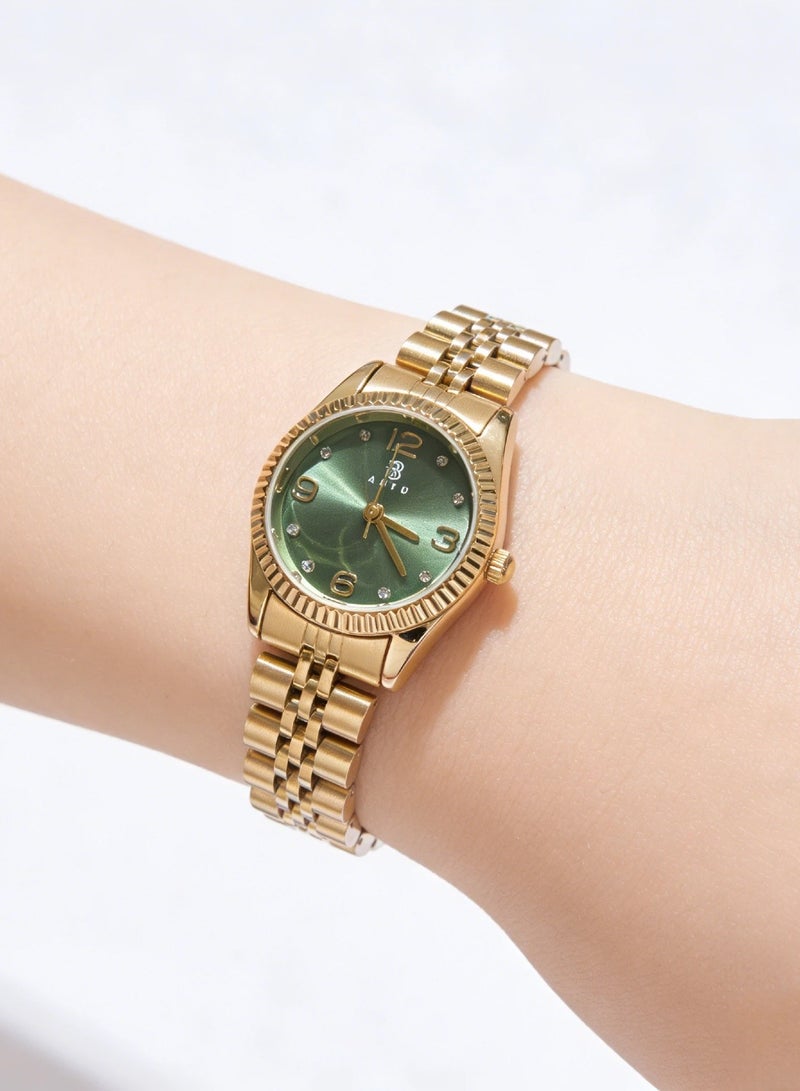 ABIU Women's Gold-Tone Quartz Watch – Green Dial, Crystal Hour Markers, Stainless Steel Jubilee Bracelet, Elegant Gift for Her - Image 2