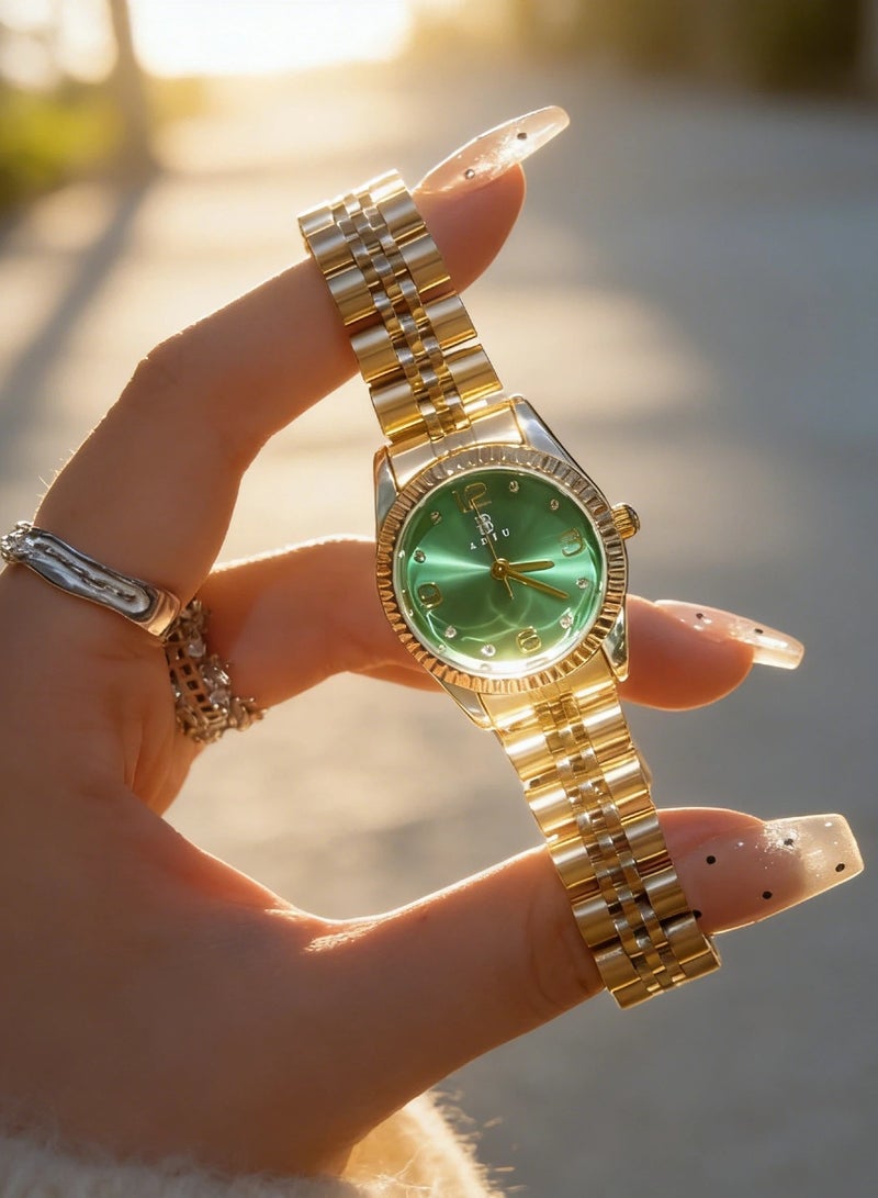 ABIU Women's Gold-Tone Quartz Watch – Green Dial, Crystal Hour Markers, Stainless Steel Jubilee Bracelet, Elegant Gift for Her - Image 3