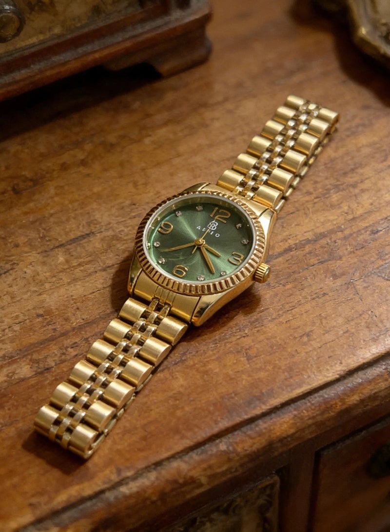 ABIU Women's Gold-Tone Quartz Watch – Green Dial, Crystal Hour Markers, Stainless Steel Jubilee Bracelet, Elegant Gift for Her - Image 4