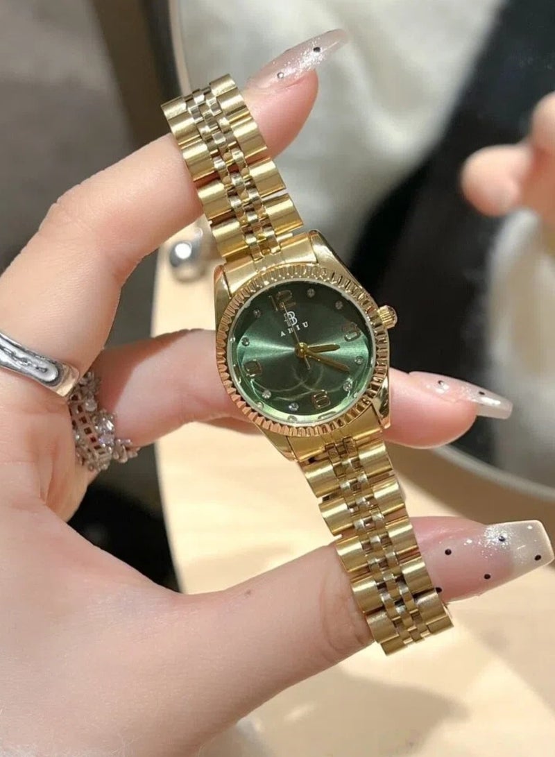 ABIU Women's Gold-Tone Quartz Watch – Green Dial, Crystal Hour Markers, Stainless Steel Jubilee Bracelet, Elegant Gift for Her - Image 1