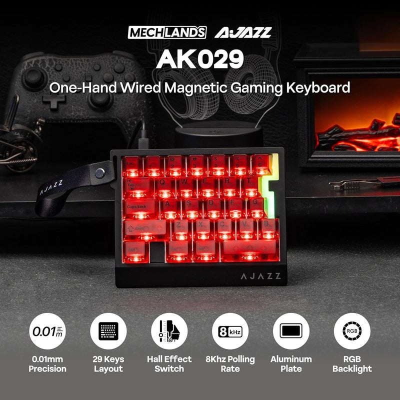 ميكلاندز لوحة مفاتيح ألعاب بيد واحدة من ميكلاندز AJAZZ AK029، معدل استقصاء 8 كيلو هرتز، 29 مفتاحًا سلكيًا سريعًا، SOCD و DKS، مفتاح مغناطيسي، تشغيل قابل للتعديل، إضاءة خلفية RGB، لوحة ألومنيوم (شفاف أحمر) - Image 2