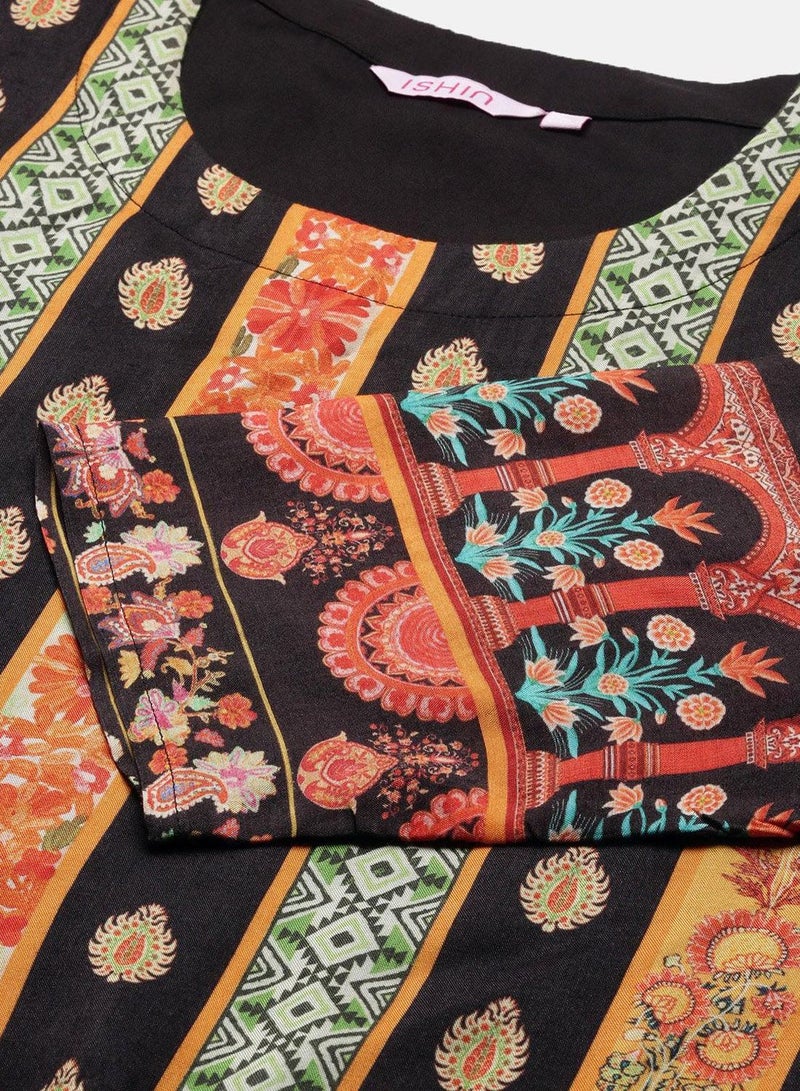 ISHIN Women's Multicoloured Viscose Blend Embellished Tunic Full Length Casual Straight Fit Kurta Set - Image 2