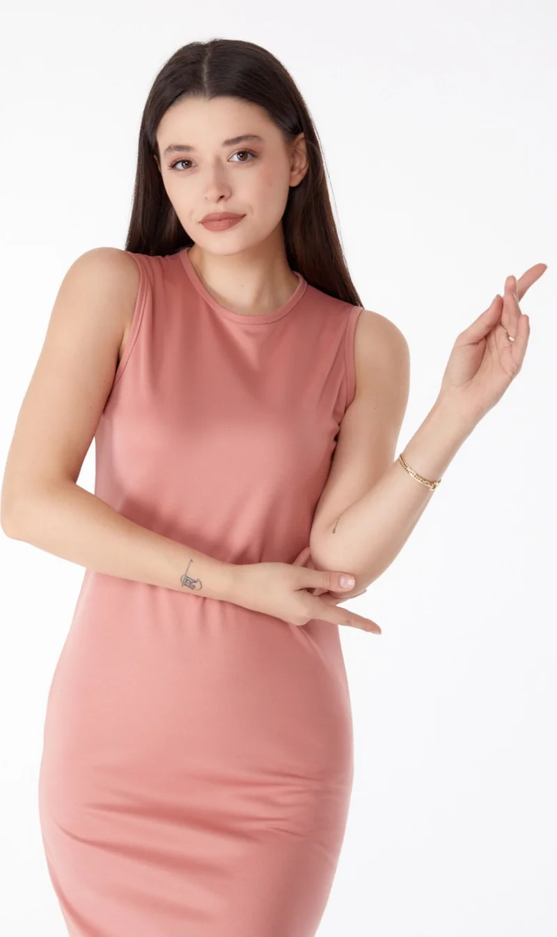 Tofisa Plain Crew Neck Women's Pink Mini Dress - 13186