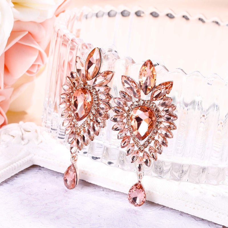 BriLove Women's Tribal Ethnic Crystal Teardrop Halo Chandelier Dangle Earrings Peach Morganite Color Rose-Gold-Toned - Image 3
