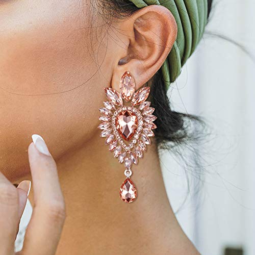 BriLove Women's Tribal Ethnic Crystal Teardrop Halo Chandelier Dangle Earrings Peach Morganite Color Rose-Gold-Toned - Image 2