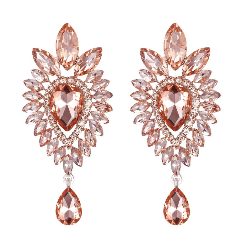 BriLove Women's Tribal Ethnic Crystal Teardrop Halo Chandelier Dangle Earrings Peach Morganite Color Rose-Gold-Toned - Image 1