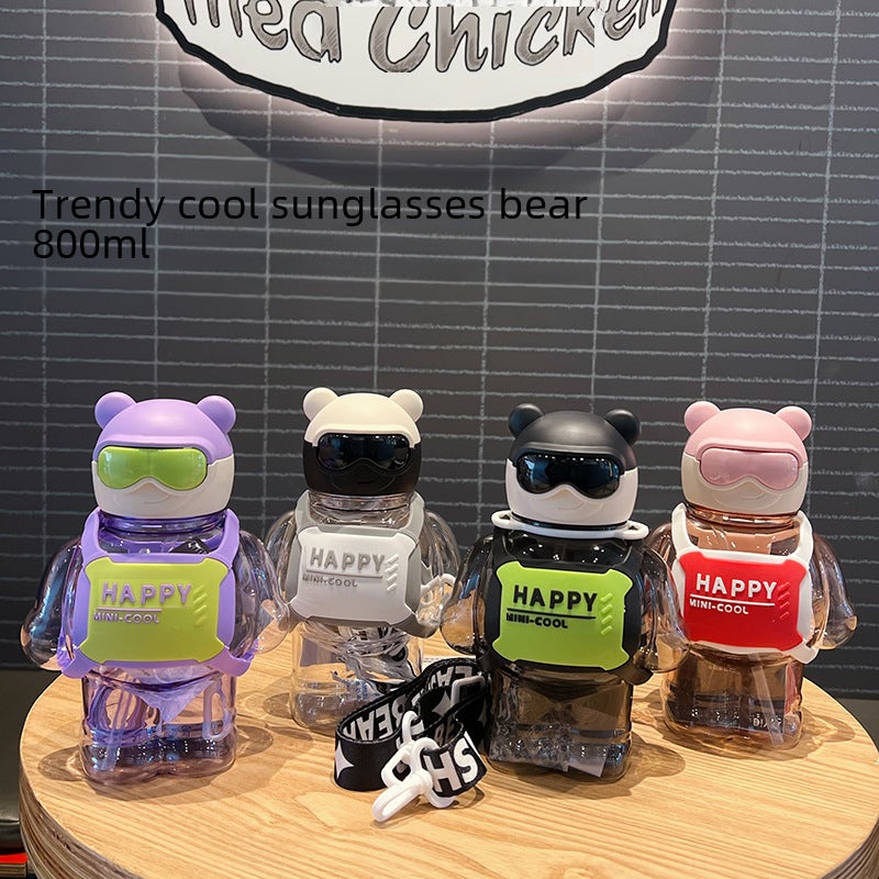 Internet Celebrity New Trendy Cool Bear Cartoon Figure Plastic Cup Water Cup Large Capacity Fashionable Kidsren's Straw Cup Student Water Cup(Purple, 800ML) - Image 2