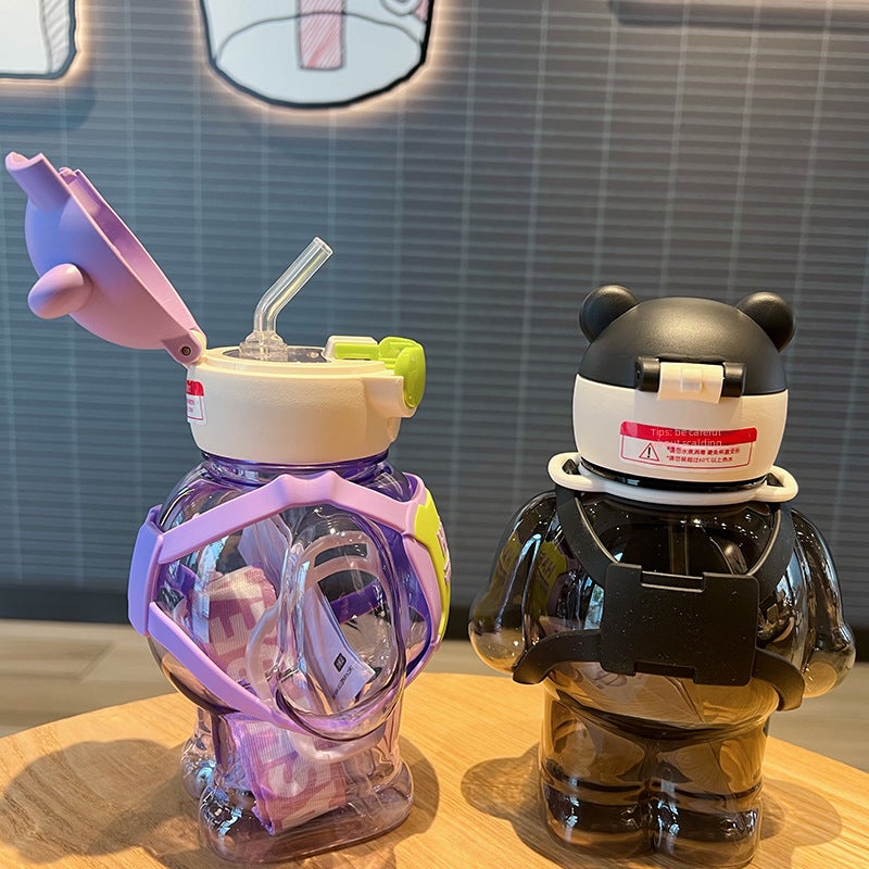 Internet Celebrity New Trendy Cool Bear Cartoon Figure Plastic Cup Water Cup Large Capacity Fashionable Kidsren's Straw Cup Student Water Cup(Purple, 800ML) - Image 4