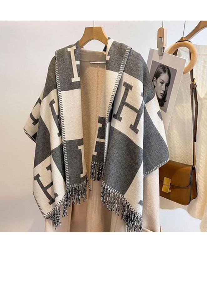 Showday Women's Winter Luxury Faux Cashmere Pashmina Scarf Long Soft Tassel Shawl Poncho Double Sided Letter H Poncho Perfect Gift for Fall Winter - Image 2