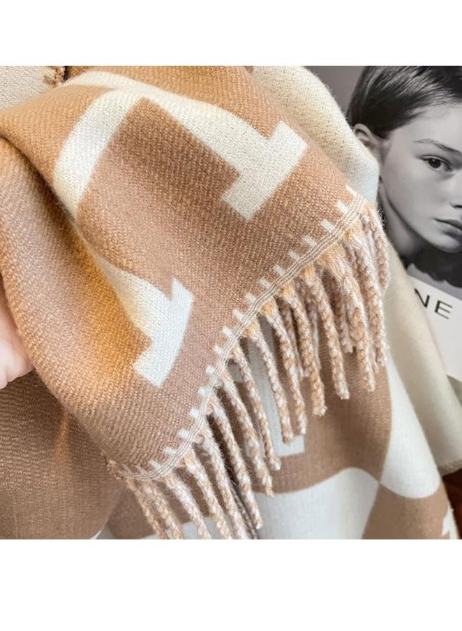 Showday Women's Winter Luxury Faux Cashmere Pashmina Scarf Long Soft Tassel Shawl Poncho Double Sided Letter H Poncho Perfect Gift for Fall Winter - Image 4