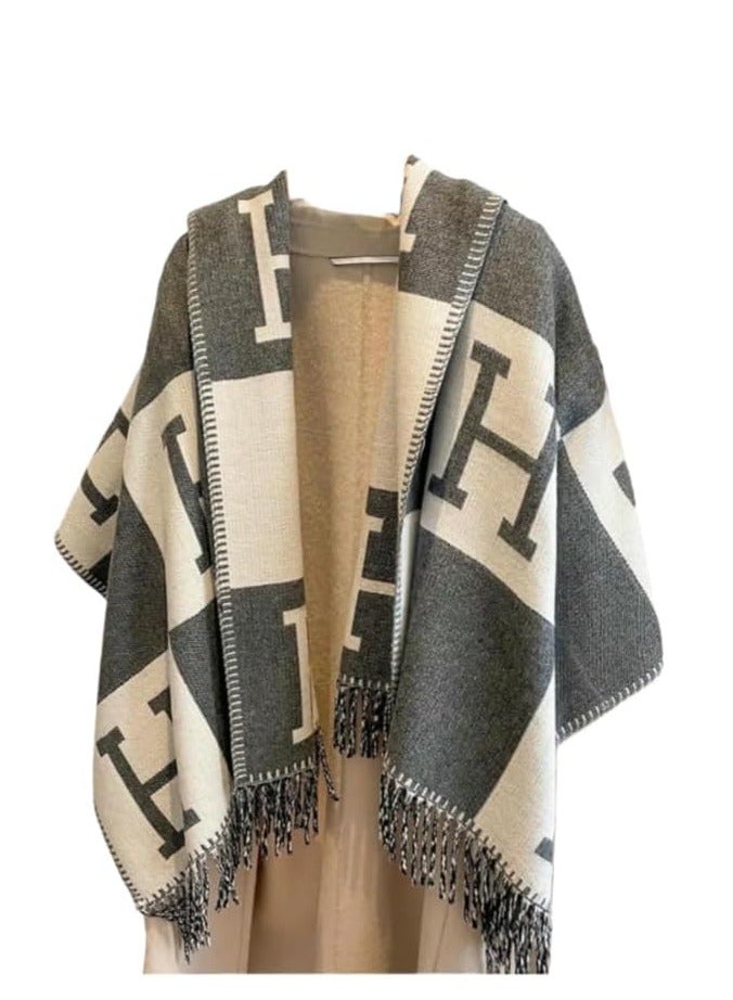 Showday Women's Winter Luxury Faux Cashmere Pashmina Scarf Long Soft Tassel Shawl Poncho Double Sided Letter H Poncho Perfect Gift for Fall Winter - Image 1