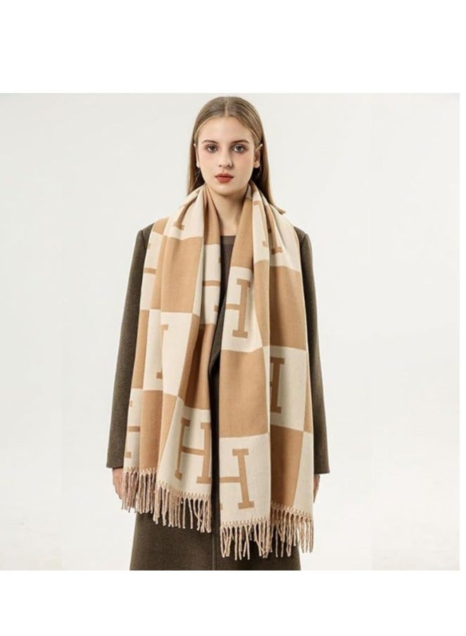 Showday Women's Winter Luxury Faux Cashmere Pashmina Scarf Long Soft Tassel Shawl Poncho Double Sided Letter H Poncho Perfect Gift for Fall Winter - Image 3
