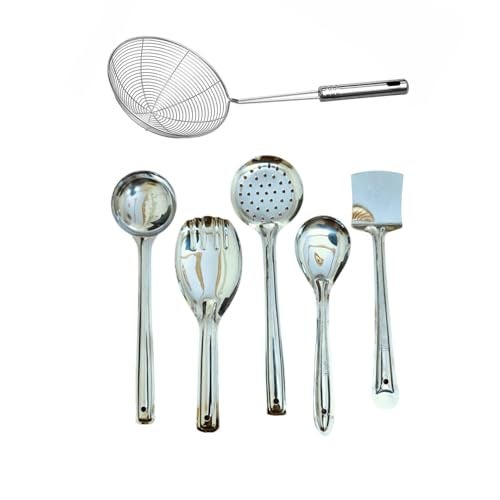 PUTHAK 6 Pcs Stainless Steel Kitchen Spoon Set - Ladle, Turner, Strainer, Rice Spoon | Cooking & Serving Utensils - Image 1