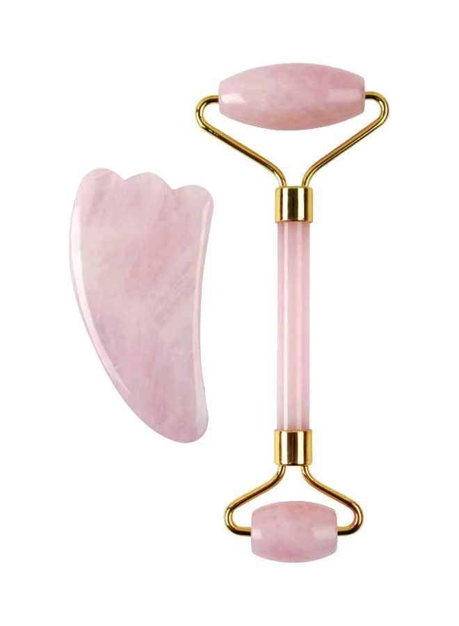 NIBEMINENT 2-In-1 Jade Rolling Massage Tools With Quartz Roller And Gua Sha Pink/Gold - Image 1