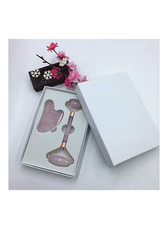 NIBEMINENT 2-In-1 Jade Rolling Massage Tools With Quartz Roller And Gua Sha Pink/Gold - Image 2