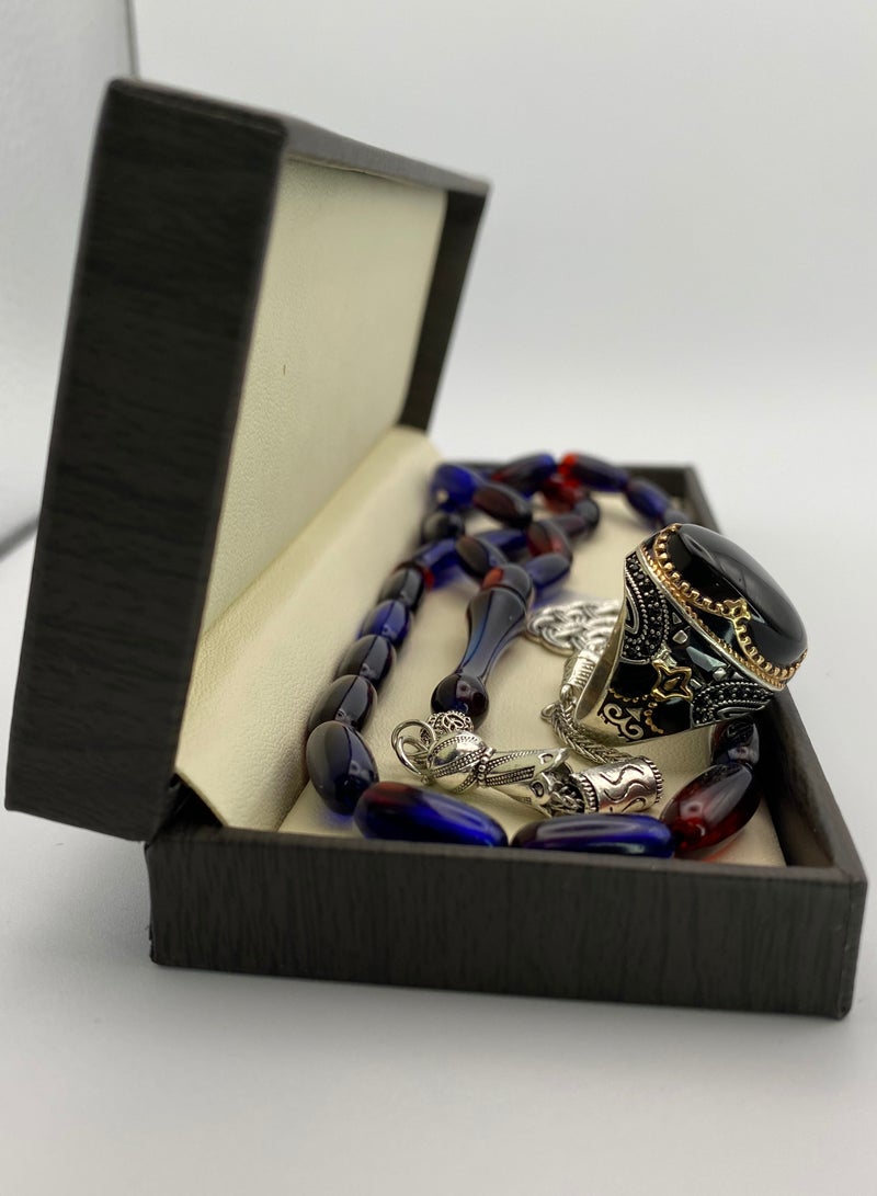 Men's Silver Ring Natural Yemeni Agate Original 925 Sterling Silver Royal Gemstone Rings New Set Royal Crafts Gift Rosary Rosary Rosary for Men Luxury Packaging Luxury Men's Gift Sets A40  - Image 3