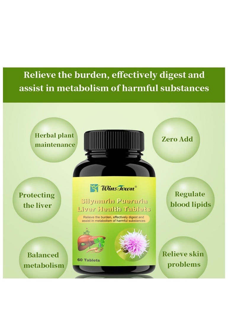Wins Town - Siymarin Pueraria Liver Health Tablets, Metabolism Booster Milk Thistle Herbal Supplements, Natural Ingredients Liver Cleanse Detox Pills For Effective Digestion And Stress Relief 60 Tablets - Image 1