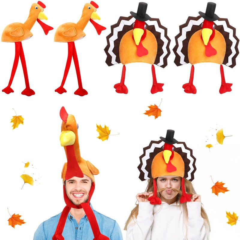 Geyoga 4 Pcs Thanksgiving Turkey Hats for Adults Plush Turkey Hat with Legs Headband for Carnival Cosplay Thanksgiving PartyCuteMulticolor - Image 2