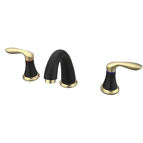 Hosslly Bathroom Sink Faucet, Faucet for Bathroom Sink, Widespread Black and Gold Bathroom Faucet 3 Hole with Stainless Steel Pop Up Drain and cUPC Lead-Free Hose - (Black and Gold) - Image 1