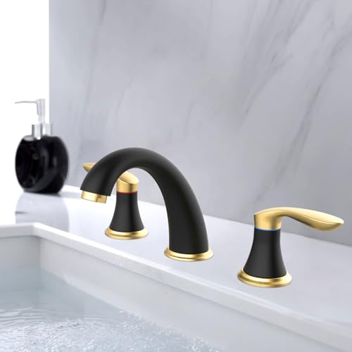 Hosslly Bathroom Sink Faucet, Faucet for Bathroom Sink, Widespread Black and Gold Bathroom Faucet 3 Hole with Stainless Steel Pop Up Drain and cUPC Lead-Free Hose - (Black and Gold) - Image 2