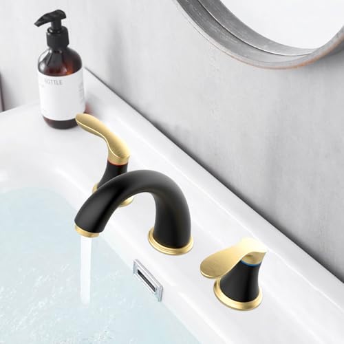 Hosslly Bathroom Sink Faucet, Faucet for Bathroom Sink, Widespread Black and Gold Bathroom Faucet 3 Hole with Stainless Steel Pop Up Drain and cUPC Lead-Free Hose - (Black and Gold) - Image 5