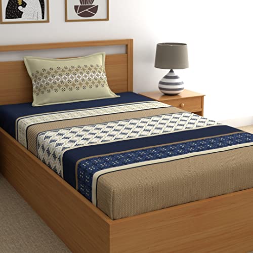 Home Ecstasy 100% Cotton Single Bedsheet with 1 Pillow Cover - (Size 59 x 87 inches, 140 TC, Colour - Blue) - Image 1