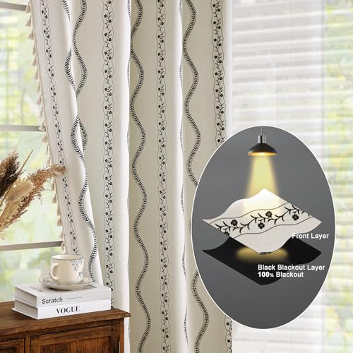 Colorbird 100% Boho Blackout Curtains Floral Thermal Insulated 96 Inch 2 Panels Set Southwest Linen Texture Black Out Western Black And White Curtain Drapes For Bedroom Living Room - Image 4