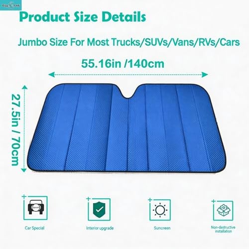 BIGANT Big Ant Fabric Windshield Sunshade for Car Foldable UV Ray Reflector Auto Front Window Sun Shade Visor Shield Cover, Keeps Vehicle Cool - Blue (55" x 27.5") - Image 3