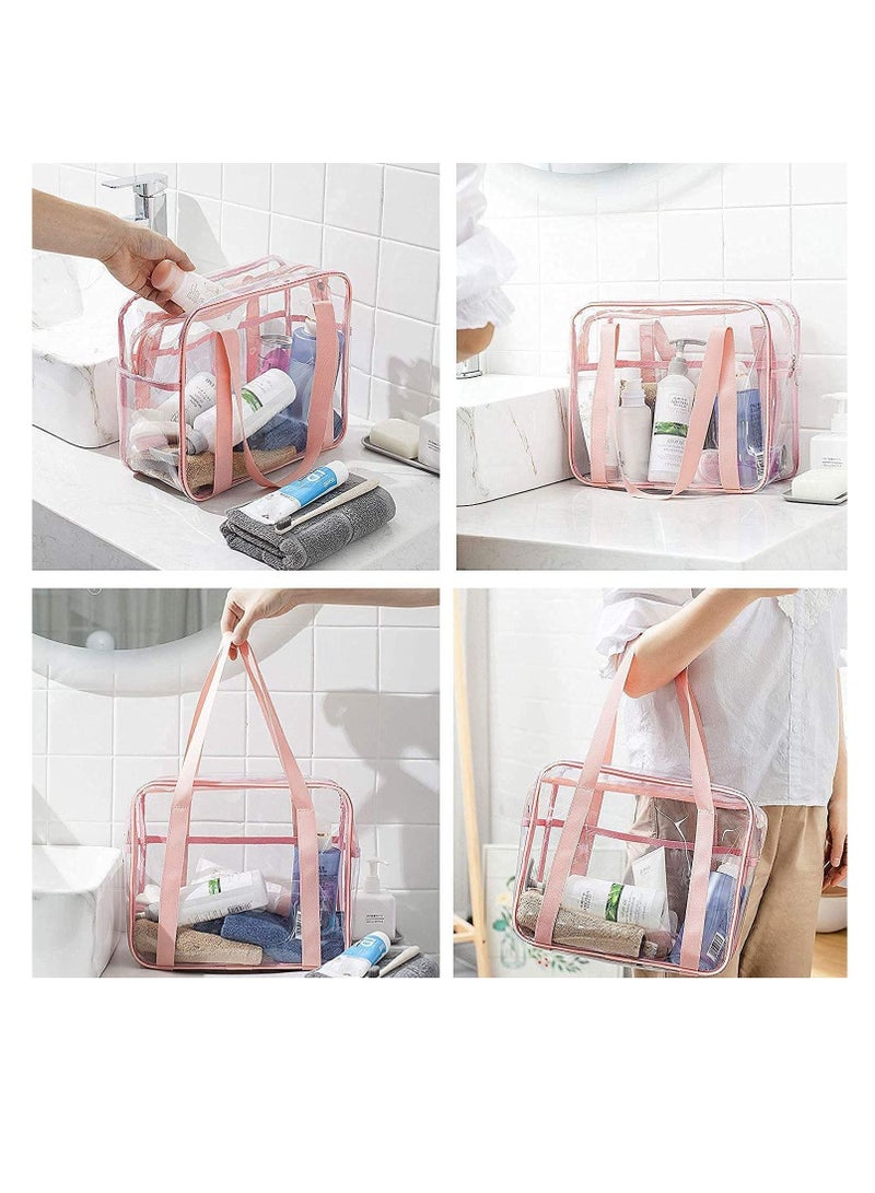 SYOSI Clear Makeup Handbag Travel Transparent Cosmetics Bag Tote Bag PVC Zippered Toiletry Carry Pouch Lightweight Waterproof Makeup Artist Large Bag Organizer Bag Beach Bag Shoulder Bag Pink  - Image 4