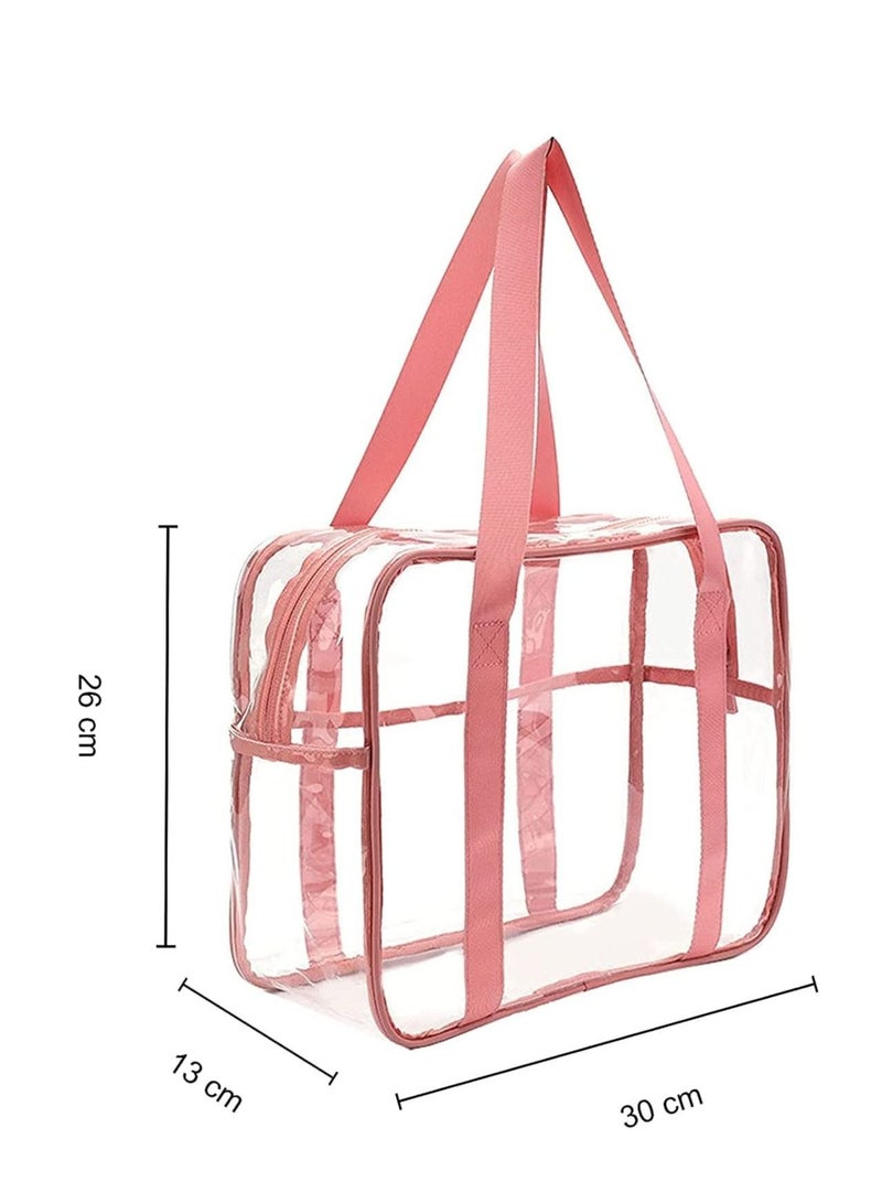 SYOSI Clear Makeup Handbag Travel Transparent Cosmetics Bag Tote Bag PVC Zippered Toiletry Carry Pouch Lightweight Waterproof Makeup Artist Large Bag Organizer Bag Beach Bag Shoulder Bag Pink  - Image 3