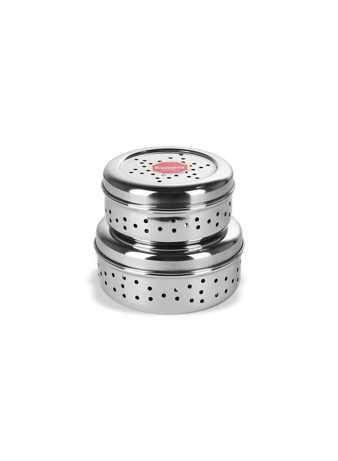 Sumeet Stainless Steel Hole Puri Dabbas/Sprout Maker/Flat Canisters With Air Ventilation Size No.7-11 Cm Dia & No. 8-12.5 Cm Dia, Blue-Violet - Image 1