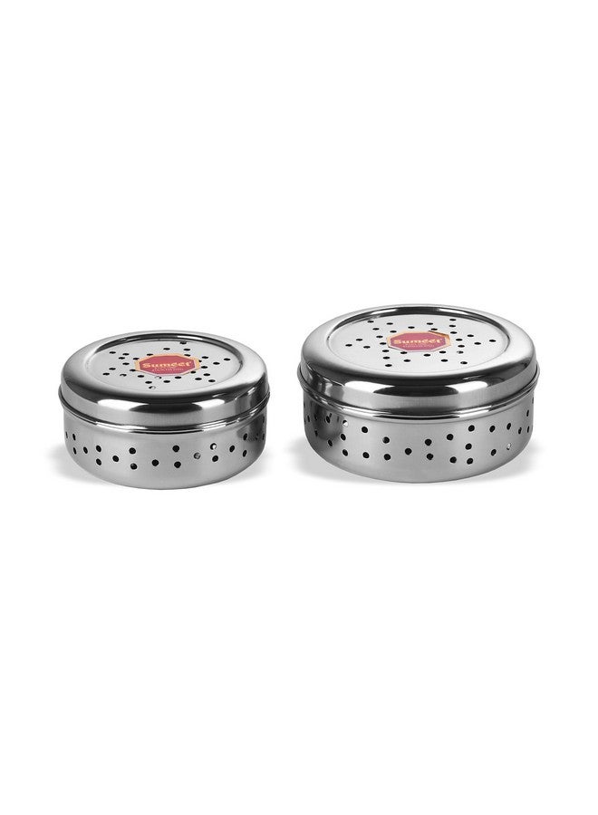 Sumeet Stainless Steel Hole Puri Dabbas/Sprout Maker/Flat Canisters With Air Ventilation Size No.7-11 Cm Dia & No. 8-12.5 Cm Dia, Blue-Violet - Image 2