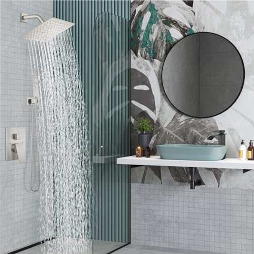Midanya Shower Faucet Set,Wall Mount Shower System with Square Rain Shower Head and Hand Sprayer, Rough-in Valve Body and Trim Kit Included,10 Inch,Brushed Gold - Image 2