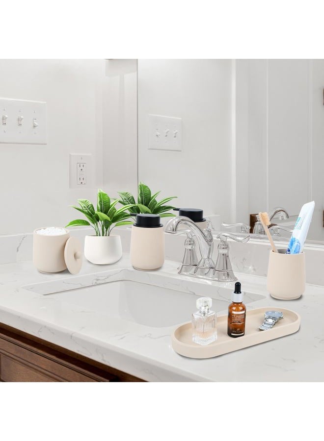 Deobath Bathroom Accessories Set,4 Piece Bathroom Accessory Set Includes Toothbrush Holder,Liquid Soap Dispenser,Qtip Holder & Vanity Tray,Bathroom Organizer for Modern Bathrooms - Beige - Image 5