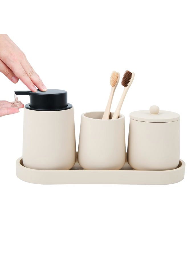 Deobath Bathroom Accessories Set,4 Piece Bathroom Accessory Set Includes Toothbrush Holder,Liquid Soap Dispenser,Qtip Holder & Vanity Tray,Bathroom Organizer for Modern Bathrooms - Beige - Image 1
