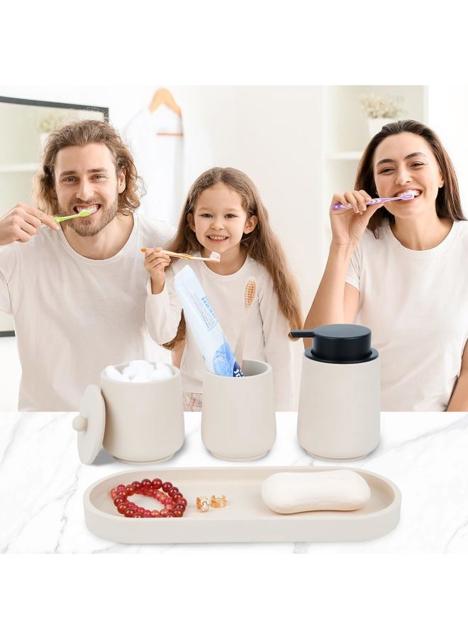 Deobath Bathroom Accessories Set,4 Piece Bathroom Accessory Set Includes Toothbrush Holder,Liquid Soap Dispenser,Qtip Holder & Vanity Tray,Bathroom Organizer for Modern Bathrooms - Beige - Image 2