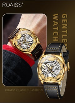 roaiss Leather Strap Hollow Mechanical Watch for Men, Analog Display Round Dial, Waterproof Luminous Wristwatch, Fashionable Luxurious Gift for Male  - Image 1