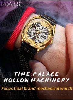 roaiss Leather Strap Hollow Mechanical Watch for Men, Analog Display Round Dial, Waterproof Luminous Wristwatch, Fashionable Luxurious Gift for Male  - Image 2