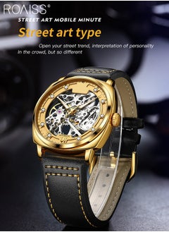 roaiss Leather Strap Hollow Mechanical Watch for Men, Analog Display Round Dial, Waterproof Luminous Wristwatch, Fashionable Luxurious Gift for Male  - Image 3