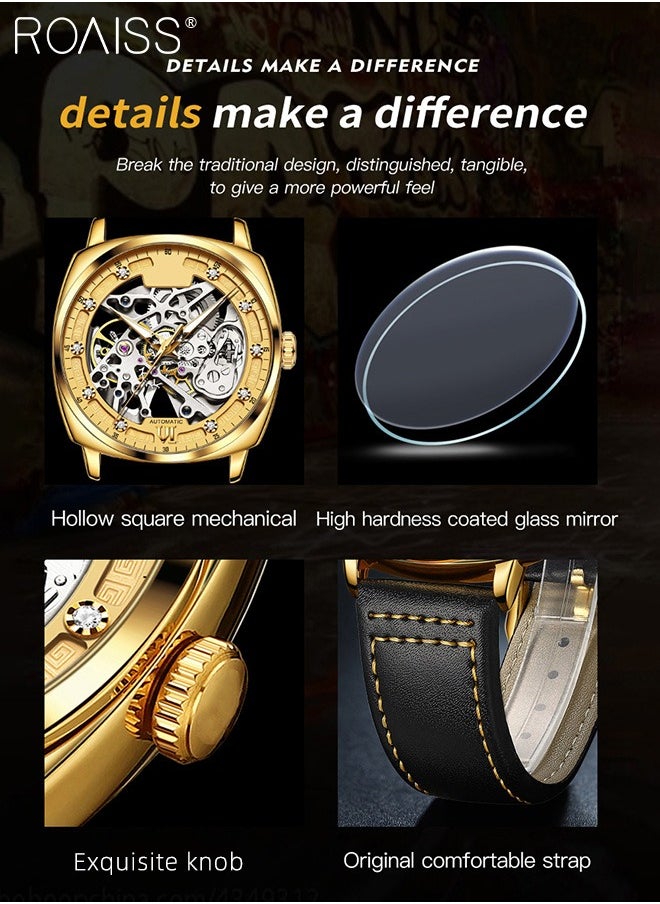roaiss Leather Strap Hollow Mechanical Watch for Men, Analog Display Round Dial, Waterproof Luminous Wristwatch, Fashionable Luxurious Gift for Male  - Image 5