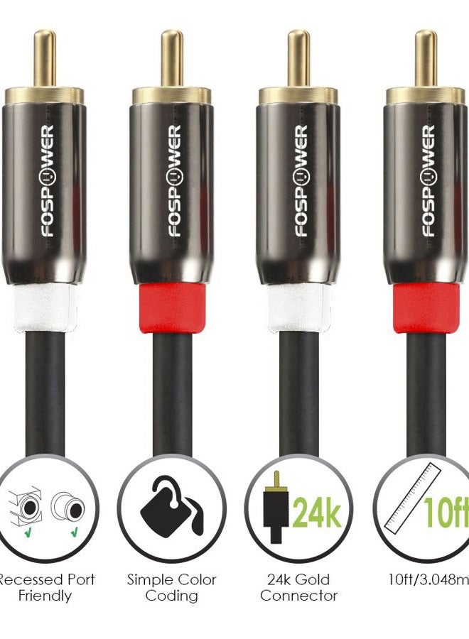 FosPower (3m / 10ft) 2 RCA M/M Stereo Audio Cable [24K Gold Plated | Copper Core] 2RCA Male to 2RCA Male [Left/Right] Premium Sound Quality Plug - Image 5