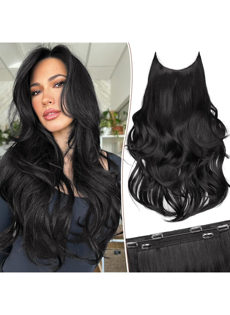 KooKaStyle KooKaStyle Invisible Wire Hair Extensions Long Wavy Layered Synthetic Hair Extensions with Transparent Wire Adjustable Size 6 Secure Clips Black Hairpieces for Women 20 Inch 