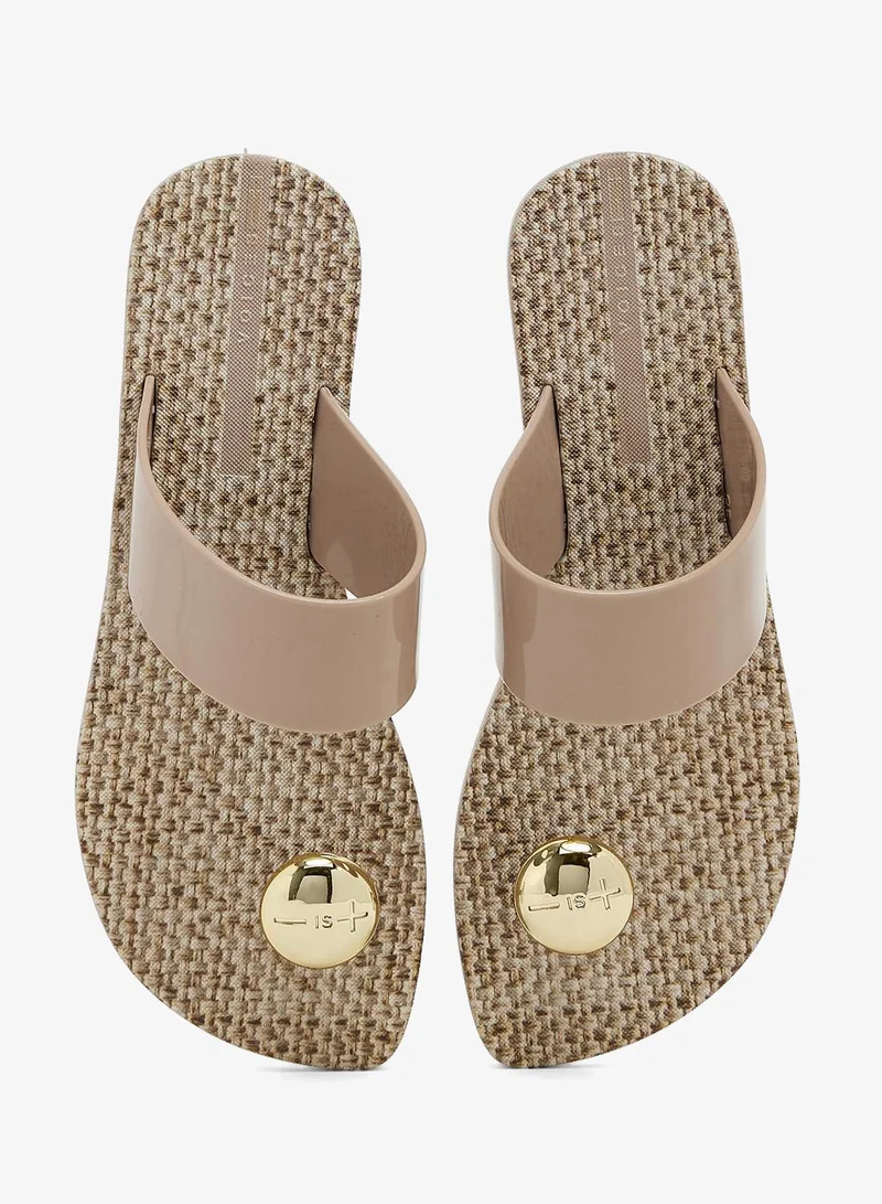 Voices Beige-Palha-Beige-Gold Look Sardenha Women'S With Printed Sole Single Strap Sandals - Beige for Women | Best Price UAE
