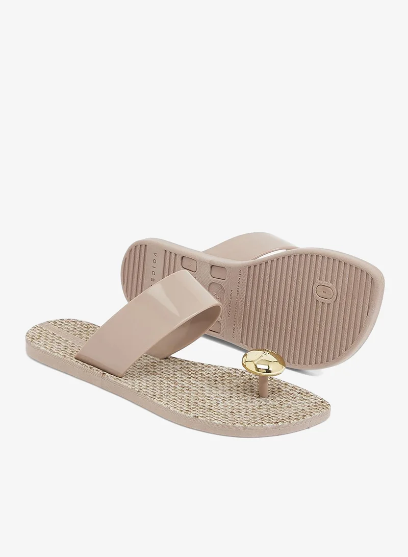 Voices Beige-Palha-Beige-Gold Look Sardenha Women'S With Printed Sole Single Strap Sandals - Beige for Women | Best Price UAE