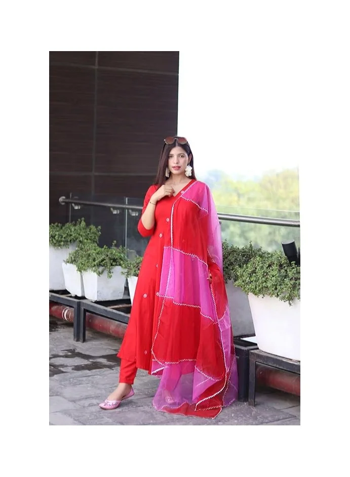 جو سريكي مزيج قطن نسائي من GoSriKi كورتا مطرز بنكهة أناركلي مع بنطال ودوباتا (GSK-RED-GS_L_Red_Large)