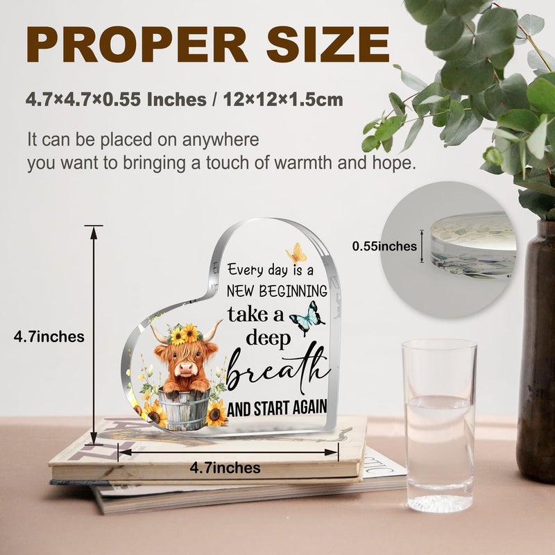 YAANUNULU Spring Decorations Highland Cow Gifts for Women Friends Daughter Sister, Every day is a New Beginning Motivational and Inspirational Decorations for Home Bathroom, Housewarming Acrylic Keepsake Gifts - Image 2