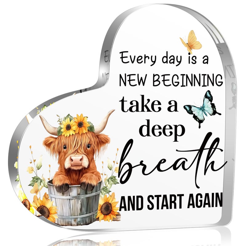YAANUNULU Spring Decorations Highland Cow Gifts for Women Friends Daughter Sister, Every day is a New Beginning Motivational and Inspirational Decorations for Home Bathroom, Housewarming Acrylic Keepsake Gifts - Image 1