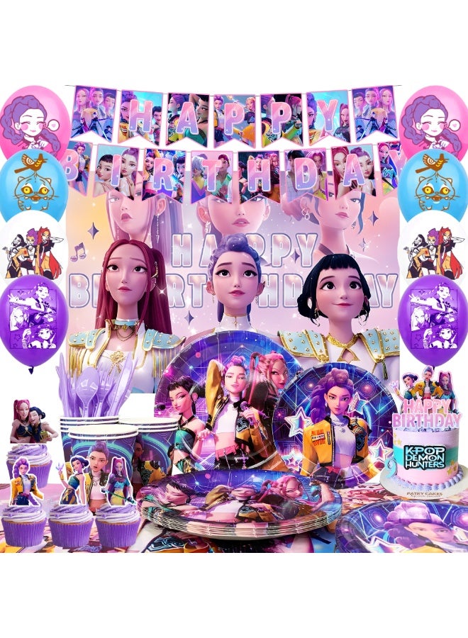 FRUITFUL PARTY KPop Demon Hunters Birthday Party Decorations for 10 Guests, 112pcs HUNTR/X Party Tableware Set - KPop Demon Hunters Party Backdrop Balloon Banner Tablecloth Cake Toppers etc KPop Demon Hunters Party Decoration Supplies - Image 1