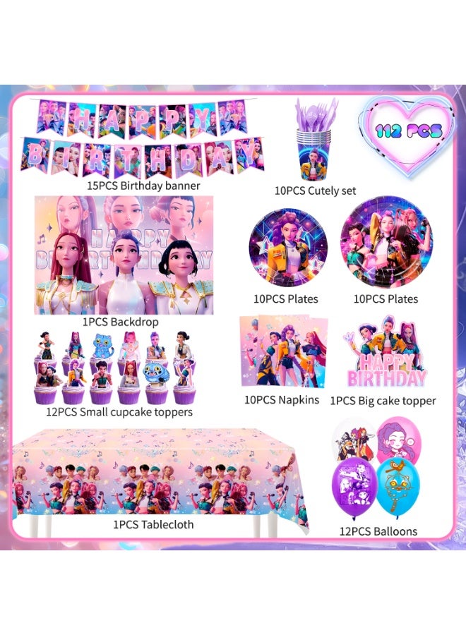 FRUITFUL PARTY KPop Demon Hunters Birthday Party Decorations for 10 Guests, 112pcs HUNTR/X Party Tableware Set - KPop Demon Hunters Party Backdrop Balloon Banner Tablecloth Cake Toppers etc KPop Demon Hunters Party Decoration Supplies - Image 2