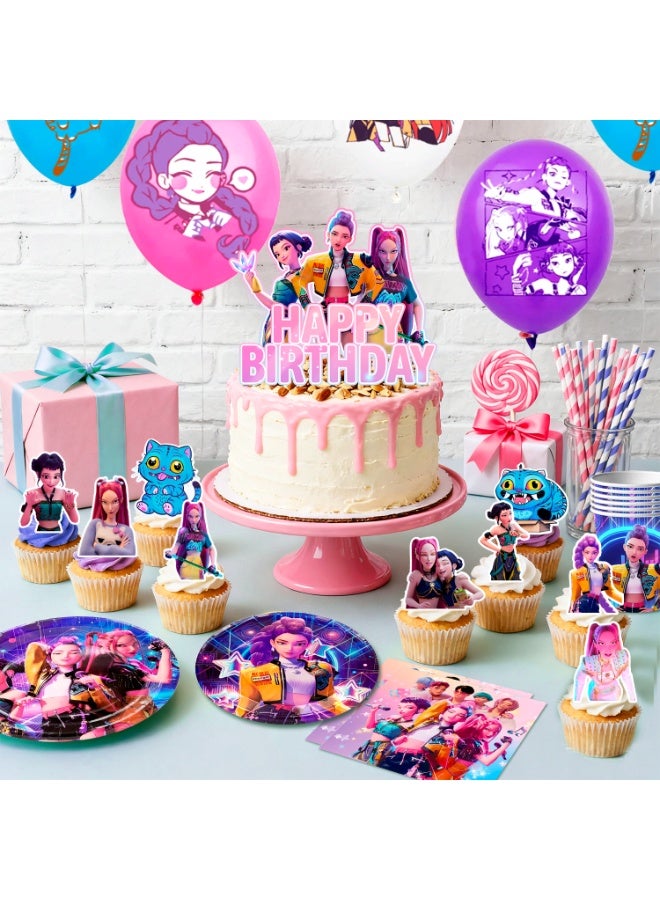 FRUITFUL PARTY KPop Demon Hunters Birthday Party Decorations for 10 Guests, 112pcs HUNTR/X Party Tableware Set - KPop Demon Hunters Party Backdrop Balloon Banner Tablecloth Cake Toppers etc KPop Demon Hunters Party Decoration Supplies - Image 4